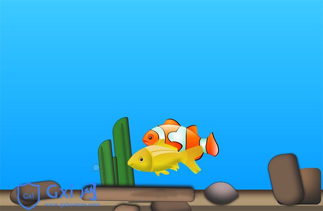 css3海底游动的金鱼动画特效是一款河底石头和海藻,冒着泡泡